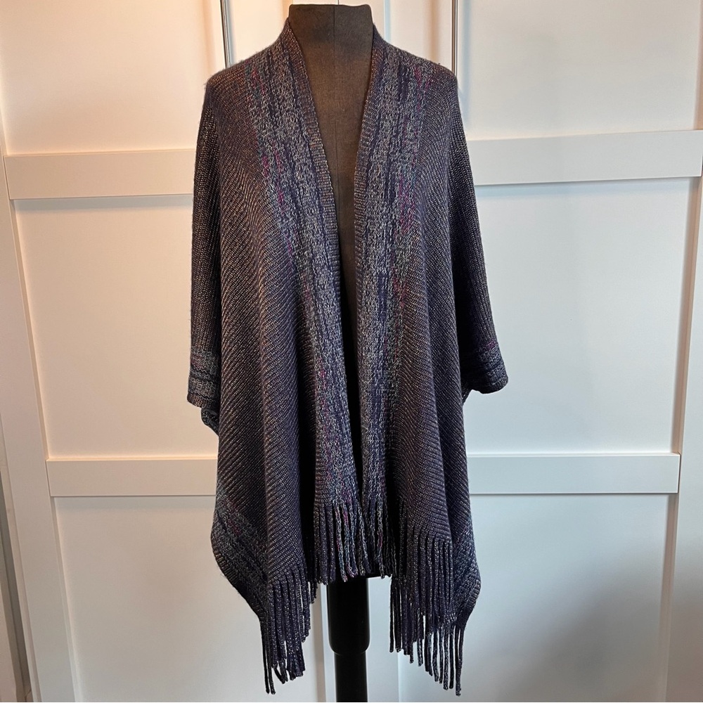 G Brand Multi Colored Knit Open Front Fringe Shawl Cardigan One Size